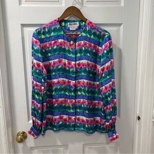 Vtg Maggy London Women’s Silk Blouse Size 12 Floral Stripe Button Down Top EUC